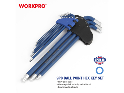 Set of L-shaped hex keys with ball end, long arm, 9 pcs.